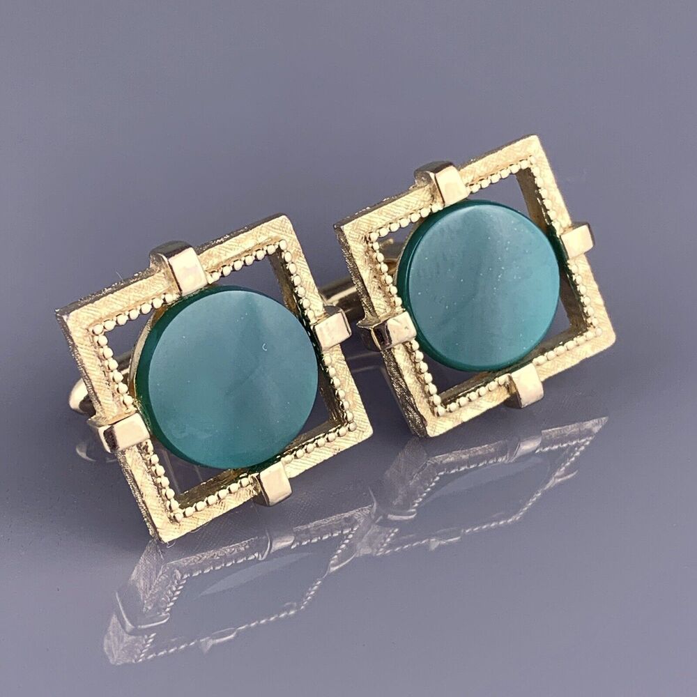 Green Jade Nephrite Stone Cufflinks Gold Plated Open Frame Square Swank Vintage